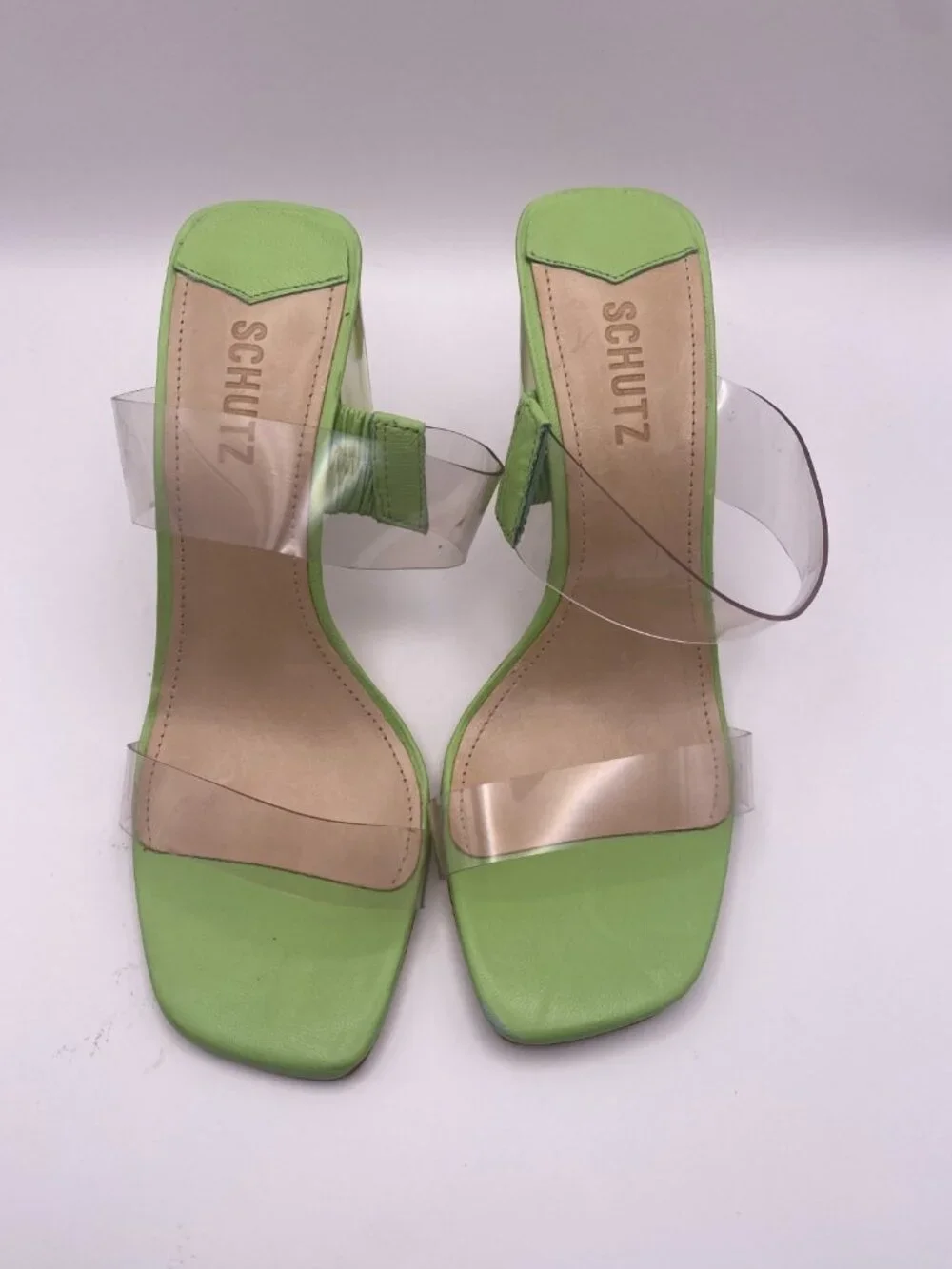 Schutz Womens Ariella Acrylic Green Double Strap Sandal Sz 8B